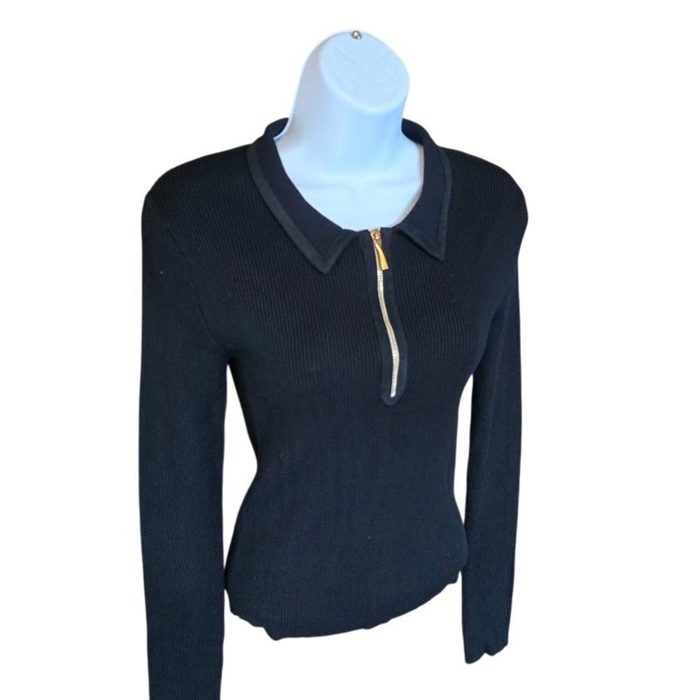 Gold Hardware Ribbed Knit Sweater Womens XS Black Half Zip Quiet Luxury Sleek